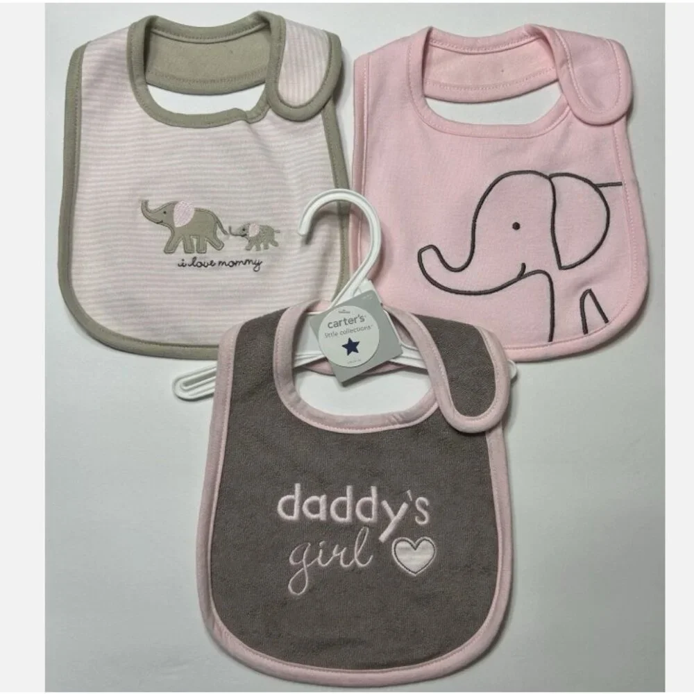 3 Pink Brown Elephants Baby Bibs Daddy's Girl I Love Mommy Heart Shower Gift
